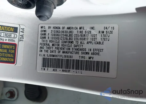 2015 Honda Cr-V Ex-L from USA, damaged, VIN 5J6RM4H77FL069080